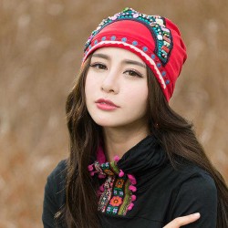 Women Ethnic Embroidery Cotton Elastic Beanie Hat Vintage Beads Decorative Caps