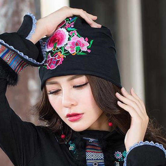 Women Ethnic Embroidery Slouch Skullcap Thin Cotton Breathable Beanie Hat Printting Turban Cap