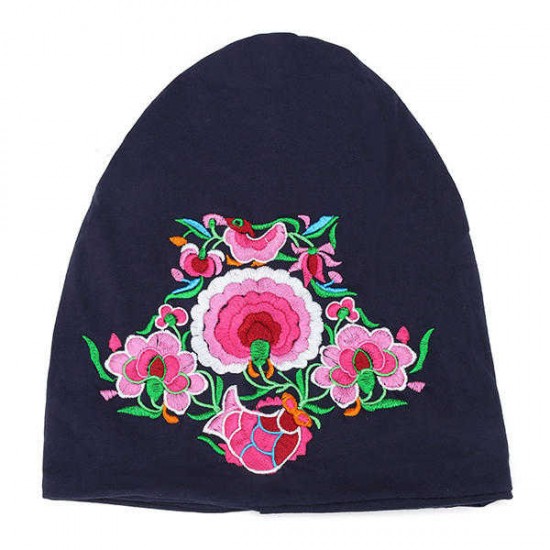 Women Ethnic Embroidery Slouch Skullcap Thin Cotton Breathable Beanie Hat Printting Turban Cap