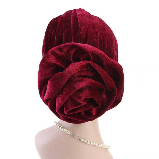 Women Ethnic Pleuche Flannel Big Flower Updo Headband Cap Casual Warm Headscarf Turban Hat