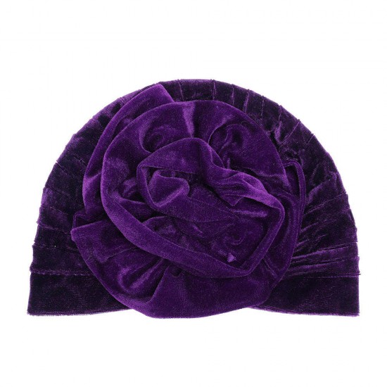 Women Ethnic Pleuche Flannel Big Flower Updo Headband Cap Casual Warm Headscarf Turban Hat