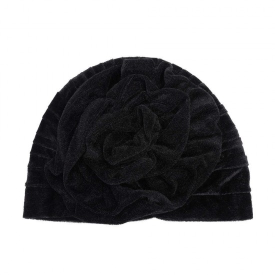 Women Ethnic Pleuche Flannel Big Flower Updo Headband Cap Casual Warm Headscarf Turban Hat