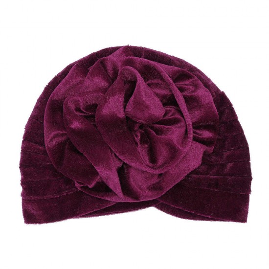 Women Ethnic Pleuche Flannel Big Flower Updo Headband Cap Casual Warm Headscarf Turban Hat