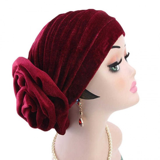 Women Ethnic Pleuche Flannel Big Flower Updo Headband Cap Casual Warm Headscarf Turban Hat