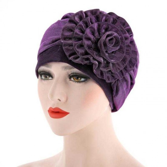 Women Ethnic Style Flexible Breathable Side Flower Headband Cap Vintage Turban Cap