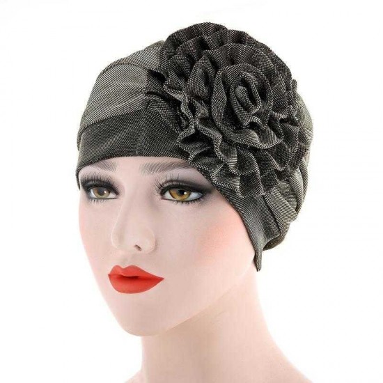 Women Ethnic Style Flexible Breathable Side Flower Headband Cap Vintage Turban Cap