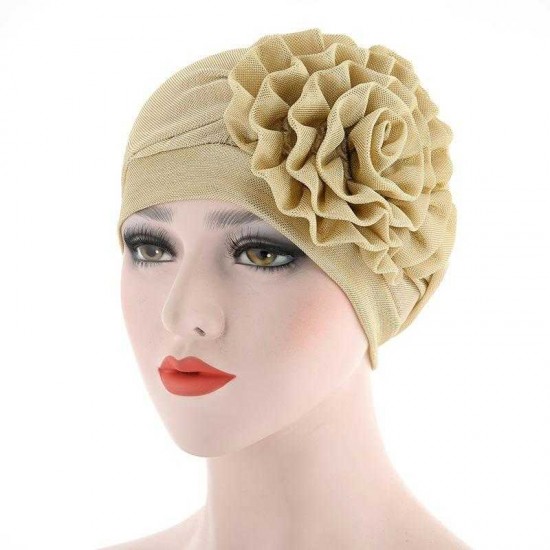 Women Ethnic Style Flexible Breathable Side Flower Headband Cap Vintage Turban Cap