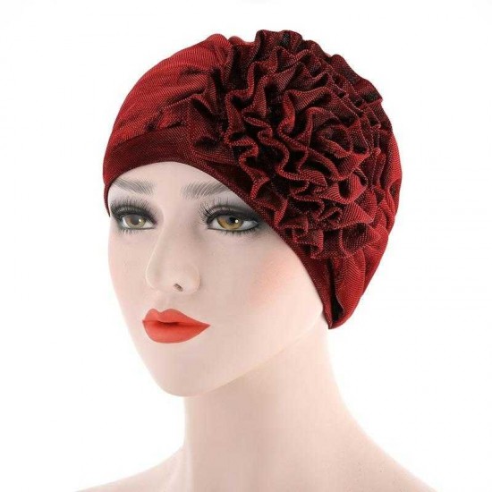 Women Ethnic Style Flexible Breathable Side Flower Headband Cap Vintage Turban Cap