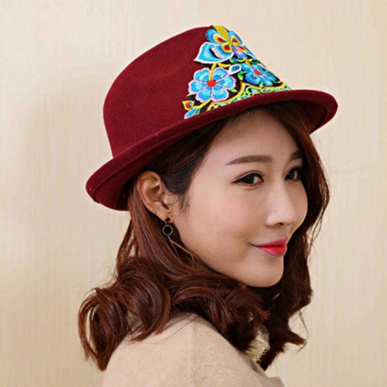 Women Ethnic Style Floral Embroidered Jazz Hat Outdoor UV Protection Fedora Hats