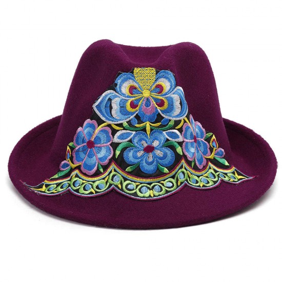 Women Ethnic Style Floral Embroidered Jazz Hat Outdoor UV Protection Fedora Hats