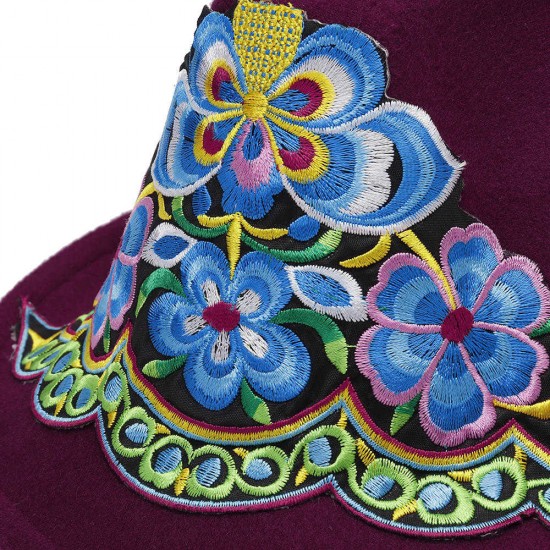 Women Ethnic Style Floral Embroidered Jazz Hat Outdoor UV Protection Fedora Hats