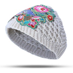 Women Ethnic Style Floral Embroidered Knit Beanie Hat Outdoor Earmuffs Skullcap