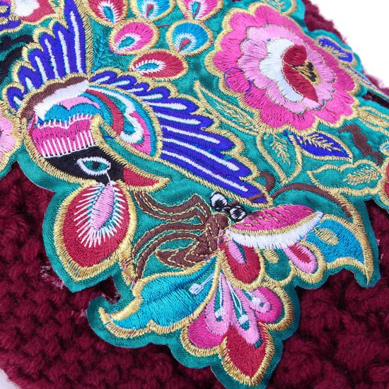 Women Ethnic Style Floral Embroidered Knit Beanie Hat Outdoor Earmuffs Skullcap