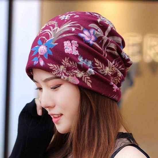 Women Ethnic Style Multi-purpose Beanie Cap Scarf Double Layers Cotton Skull Hat