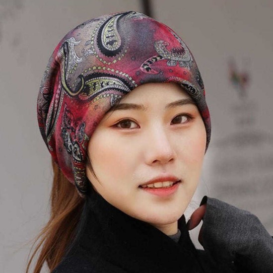 Women Ethnic Style Multi-purpose Beanie Cap Scarf Double Layers Cotton Skull Hat