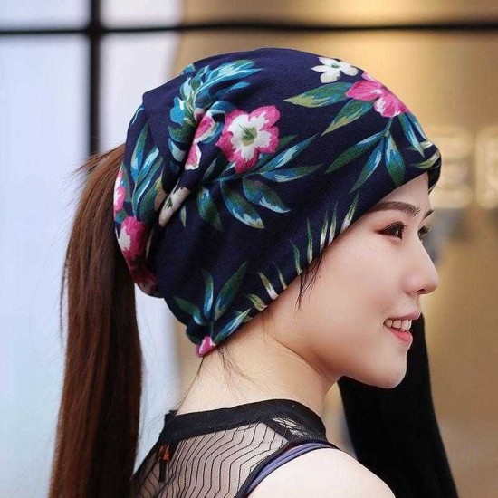 Women Ethnic Style Multi-purpose Beanie Cap Scarf Double Layers Cotton Skull Hat