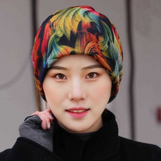 Women Ethnic Style Multi-purpose Beanie Cap Scarf Double Layers Cotton Skull Hat