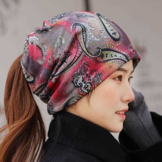 Women Ethnic Style Printed Cap Adjustable Beanie Hat