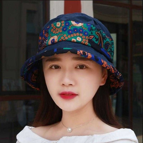 Women Ethnic Style Sunscreen Wide Brimmed Bucket Hat Sun Protection Fisherman Cap