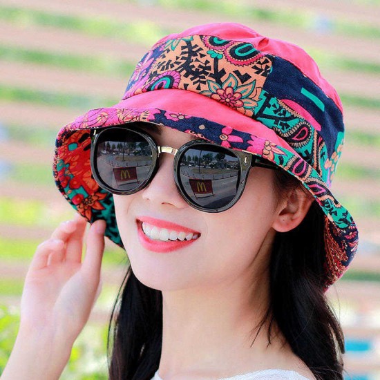 Women Ethnic Style Sunscreen Wide Brimmed Bucket Hat Sun Protection Fisherman Cap