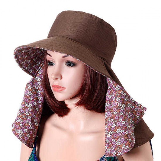 Women Face Neck Protection Wide Brim Beach Hat Double-side Flower Print Outdoor Gardening Caps