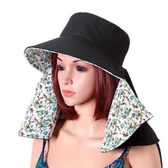 Women Face Neck Protection Wide Brim Beach Hat Double-side Flower Print Outdoor Gardening Caps