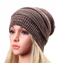 Women Fashion Knitted Woolen Stripe Beanie Hat Casual Foldable Warm Head Cap