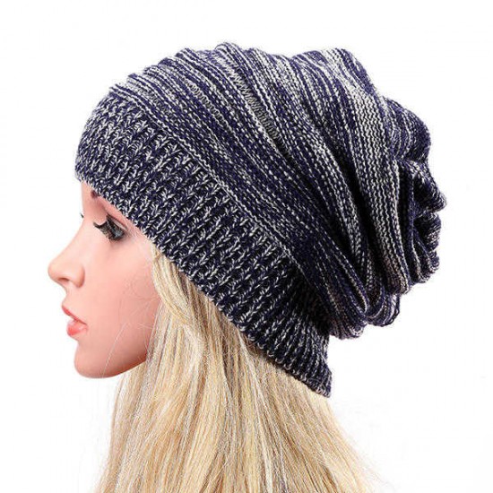 Women Fashion Knitted Woolen Stripe Beanie Hat Casual Foldable Warm Head Cap