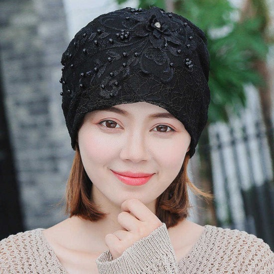 Women Fashion Lace Double Layers Chemical Beanie Cap Outdoor Hollow Out Breathable Turban Hat