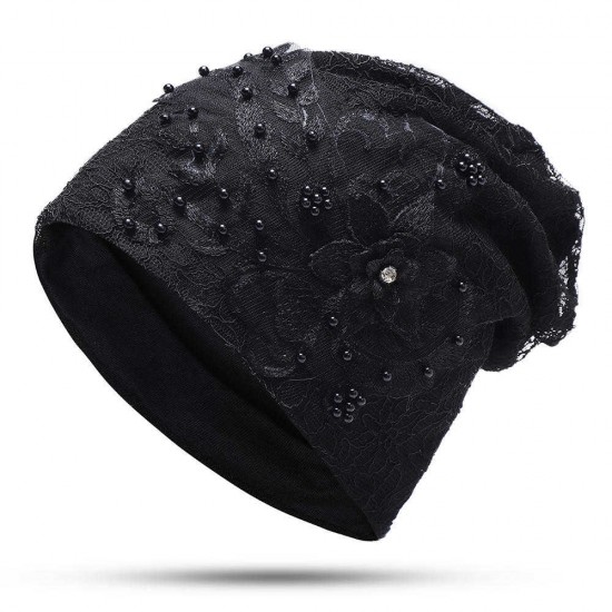 Women Fashion Lace Double Layers Chemical Beanie Cap Outdoor Hollow Out Breathable Turban Hat