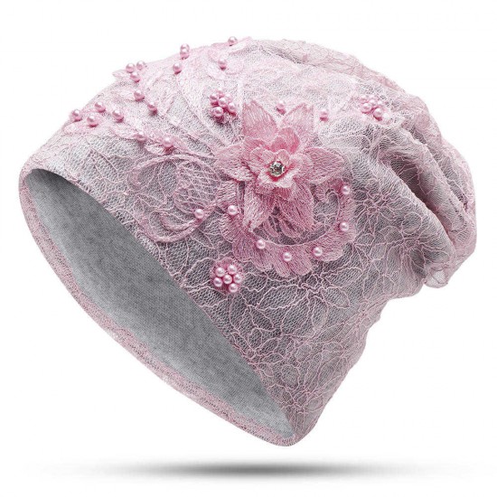 Women Fashion Lace Double Layers Chemical Beanie Cap Outdoor Hollow Out Breathable Turban Hat