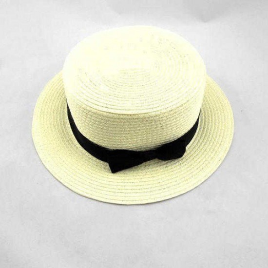 Women Fashion Large Brimmed Flat Top Black Bowknot Hat Straw Hat