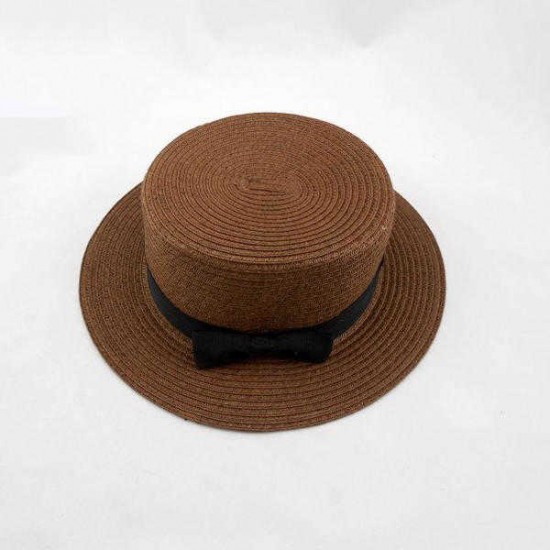 Women Fashion Large Brimmed Flat Top Black Bowknot Hat Straw Hat