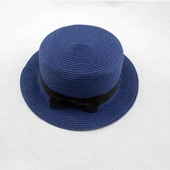 Women Fashion Large Brimmed Flat Top Black Bowknot Hat Straw Hat