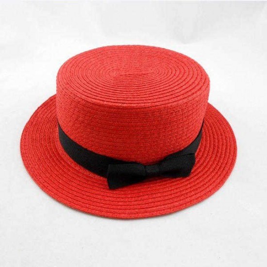 Women Fashion Large Brimmed Flat Top Black Bowknot Hat Straw Hat