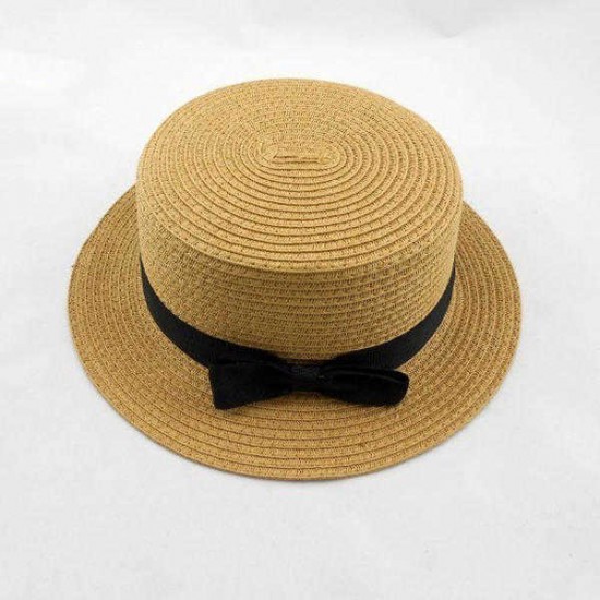 Women Fashion Large Brimmed Flat Top Black Bowknot Hat Straw Hat