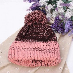 Women Fashion Mix Two Color Knit Hat Fluff Ball Wool Cap