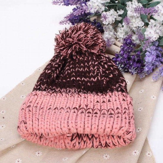 Women Fashion Mix Two Color Knit Hat Fluff Ball Wool Cap