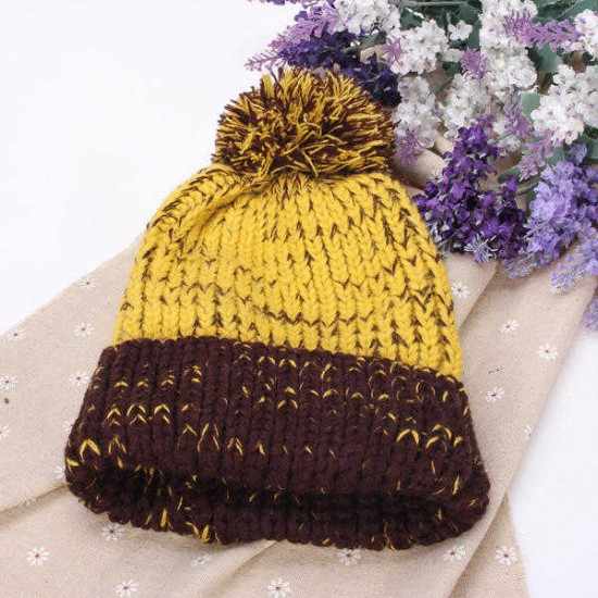 Women Fashion Mix Two Color Knit Hat Fluff Ball Wool Cap