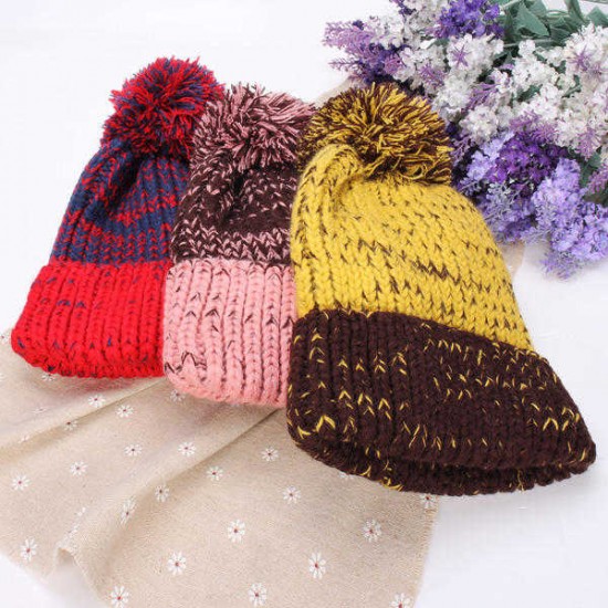 Women Fashion Mix Two Color Knit Hat Fluff Ball Wool Cap