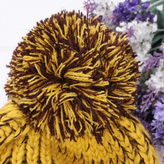 Women Fashion Mix Two Color Knit Hat Fluff Ball Wool Cap