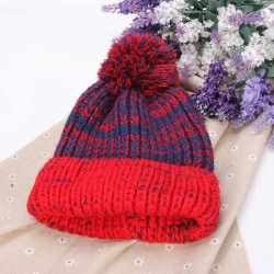 Women Fashion Mix Two Color Knit Hat Fluff Ball Wool Cap