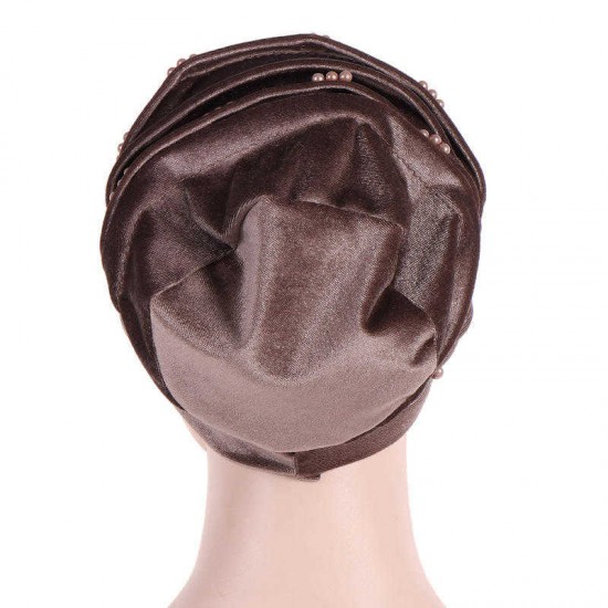 Women Fashion Muslim Pearl Velvet Crossed Chemical Turban Hat Winter Earmuffs Beanie Cap