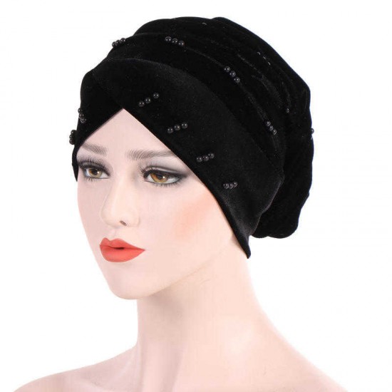 Women Fashion Muslim Pearl Velvet Crossed Chemical Turban Hat Winter Earmuffs Beanie Cap