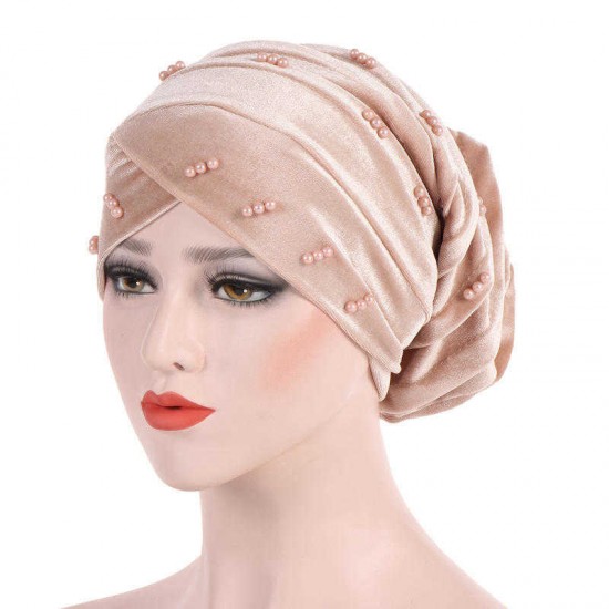 Women Fashion Muslim Pearl Velvet Crossed Chemical Turban Hat Winter Earmuffs Beanie Cap