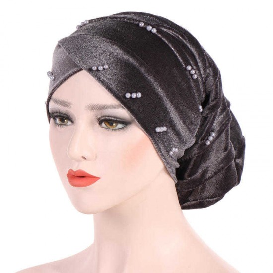 Women Fashion Muslim Pearl Velvet Crossed Chemical Turban Hat Winter Earmuffs Beanie Cap