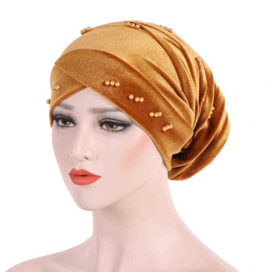 Women Fashion Muslim Pearl Velvet Crossed Chemical Turban Hat Winter Earmuffs Beanie Cap