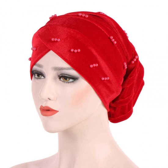 Women Fashion Muslim Pearl Velvet Crossed Chemical Turban Hat Winter Earmuffs Beanie Cap