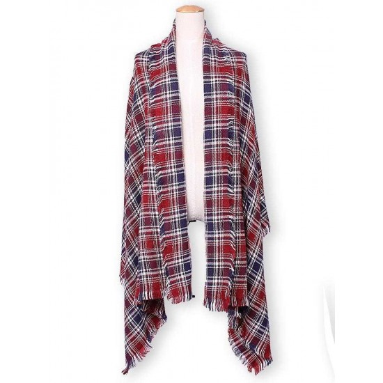 Women Fashion Small Grid Plaid Tassel Knitted Shawl Scarf