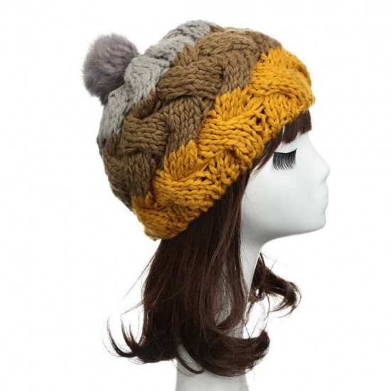 Women Female Knitted Flat Rabbit Fur Ball Beanie Hat Adjustable Elastic Beret Cap